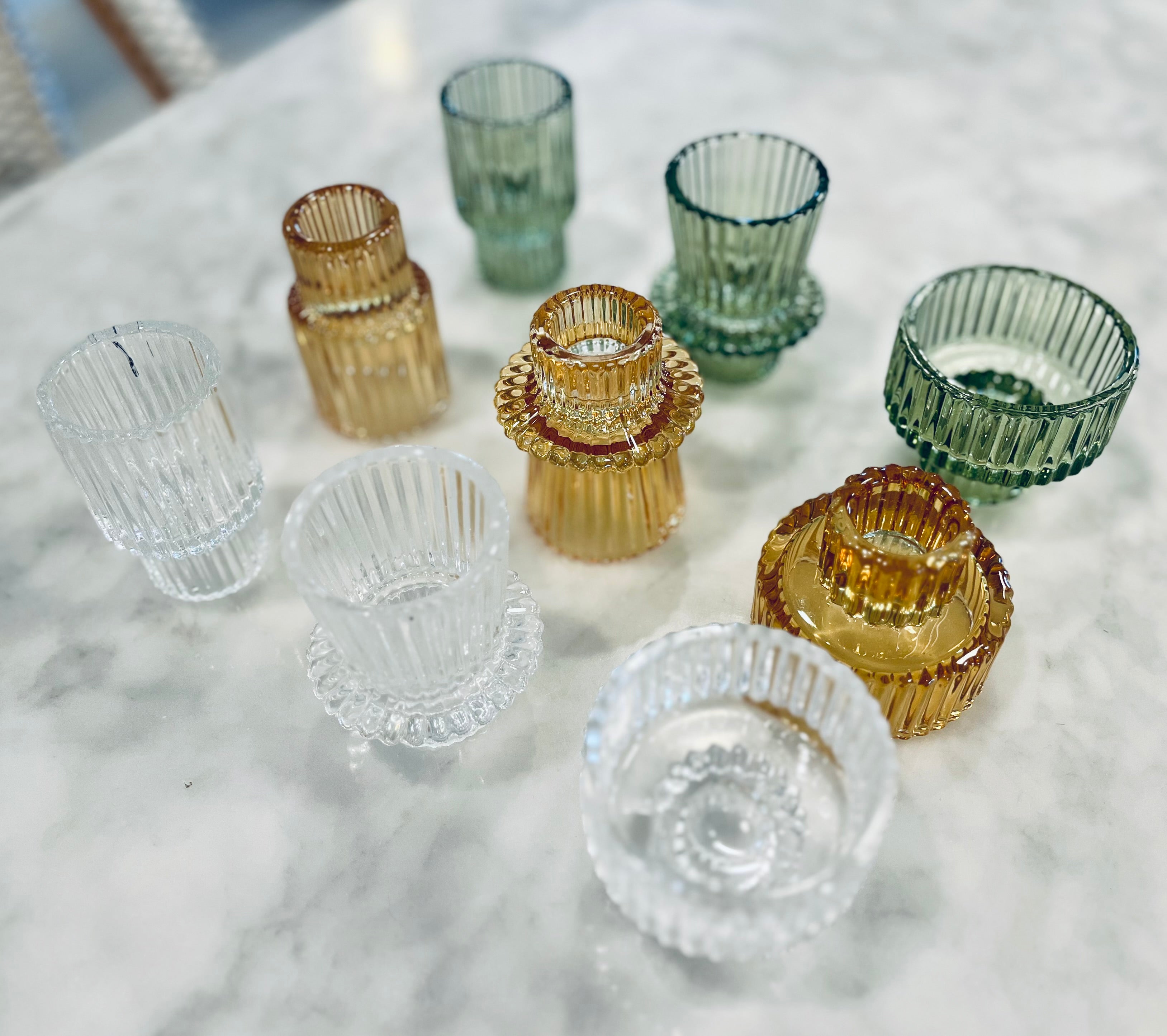 Ribbed Glass Candle Holders in Amber - Set of 3