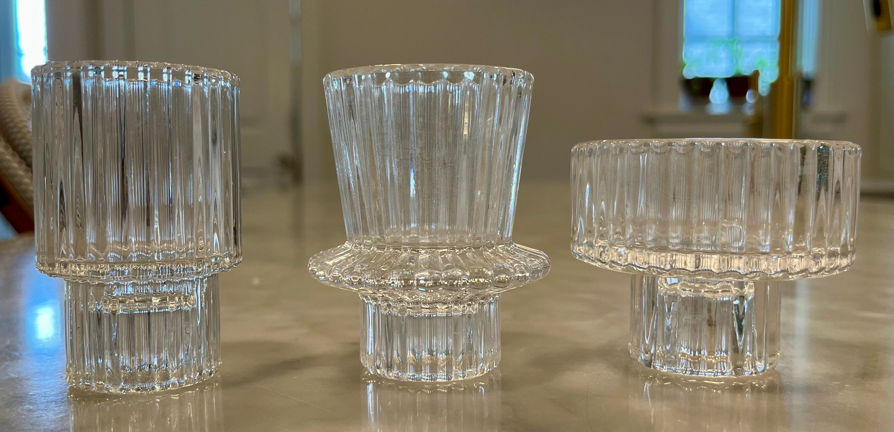 Ribbed Glass Candle Holders in Clear - Set of 3