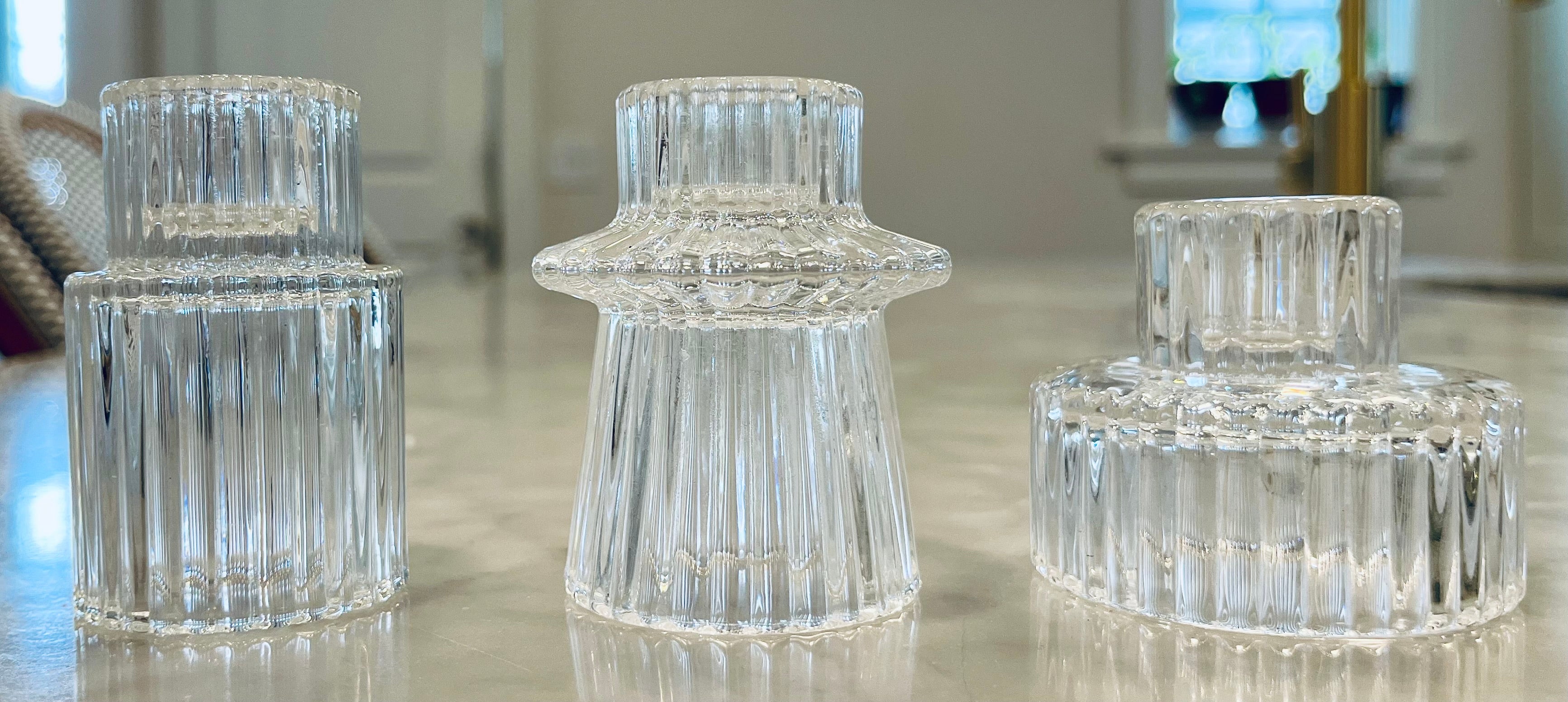 Ribbed Glass Candle Holders in Clear - Set of 3