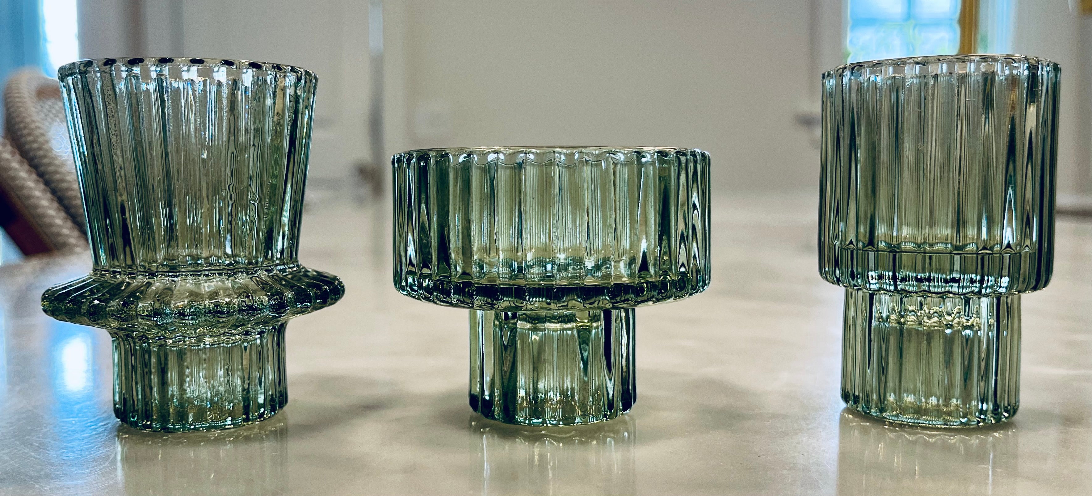Ribbed Glass Candle Holders in Green - Set of 3