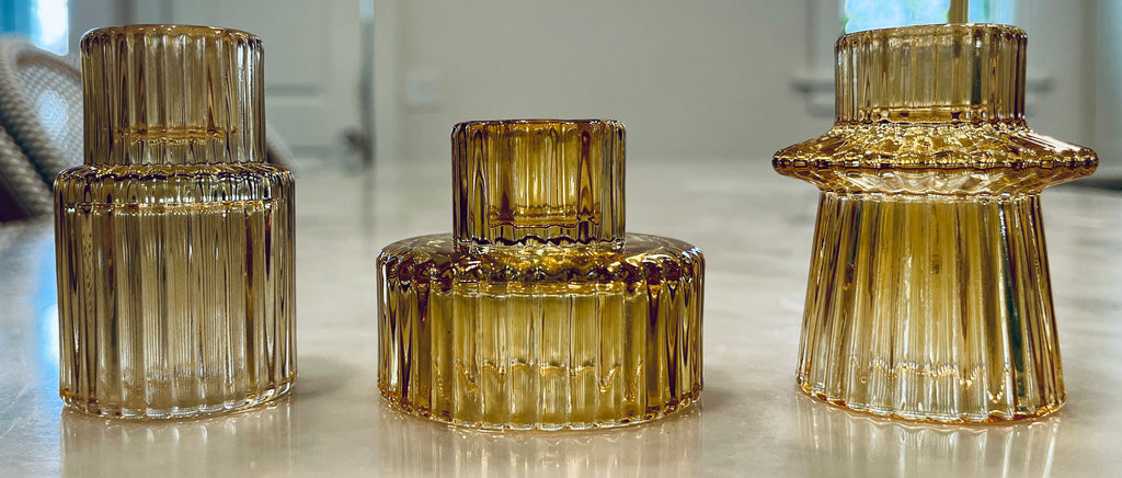 Ribbed Glass Candle Holders in Amber - Set of 3