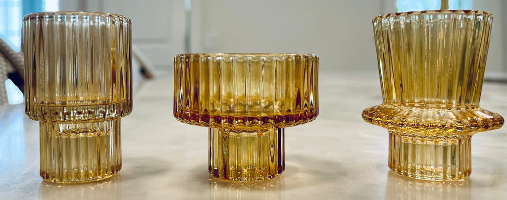 Ribbed Glass Candle Holders in Amber - Set of 3