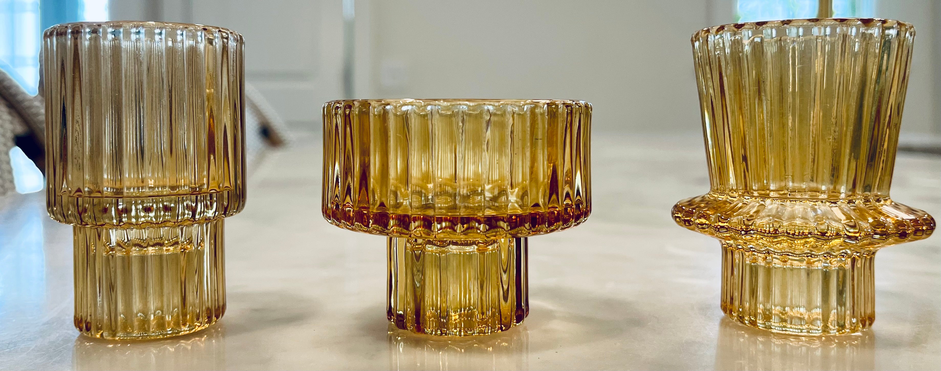 Ribbed Glass Candle Holders in Amber - Set of 3