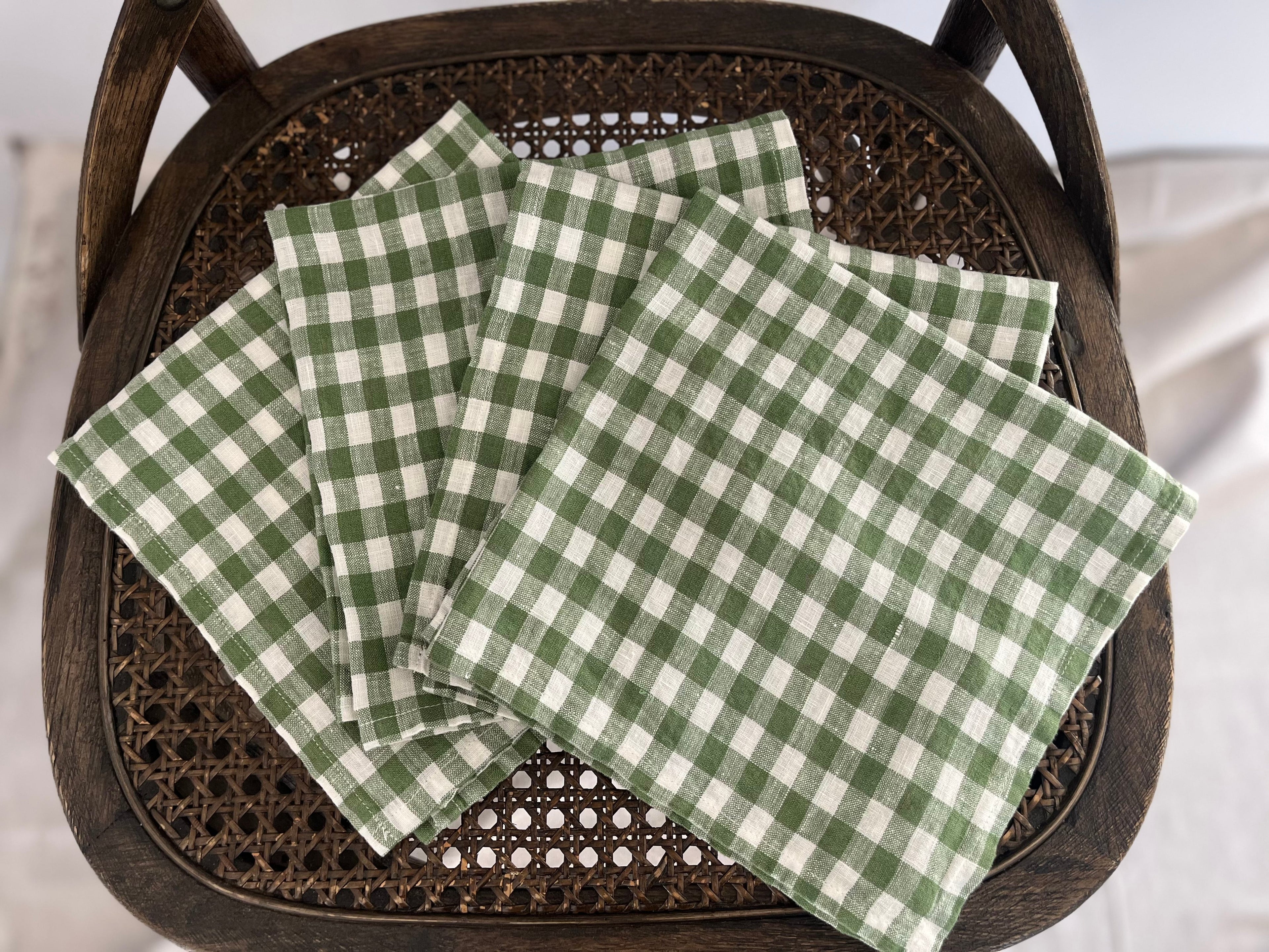 Gingham French Linen Napkin in Green and Warm White