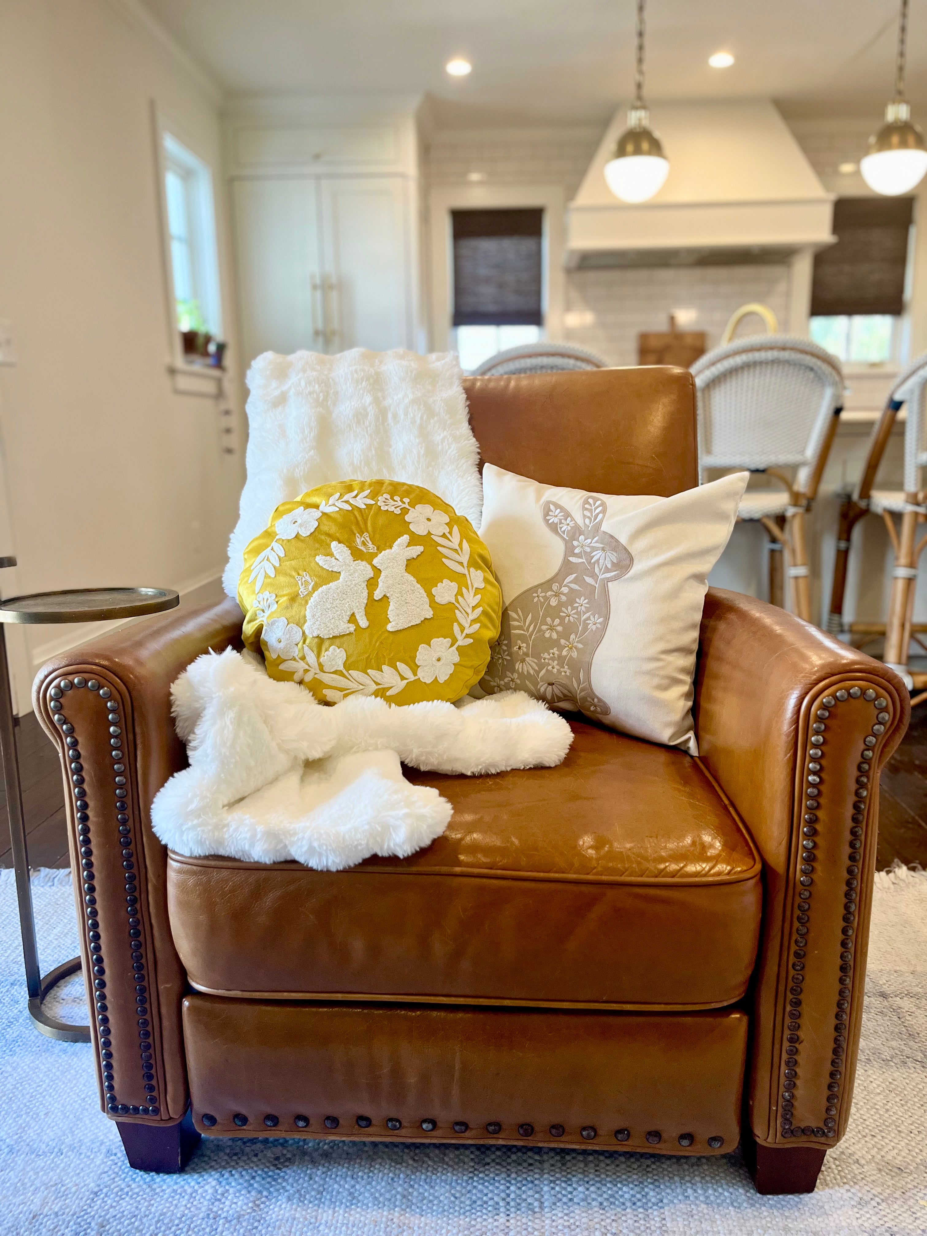Embroidered Hazelnut Bunny on Warm White Velvet Pillow
