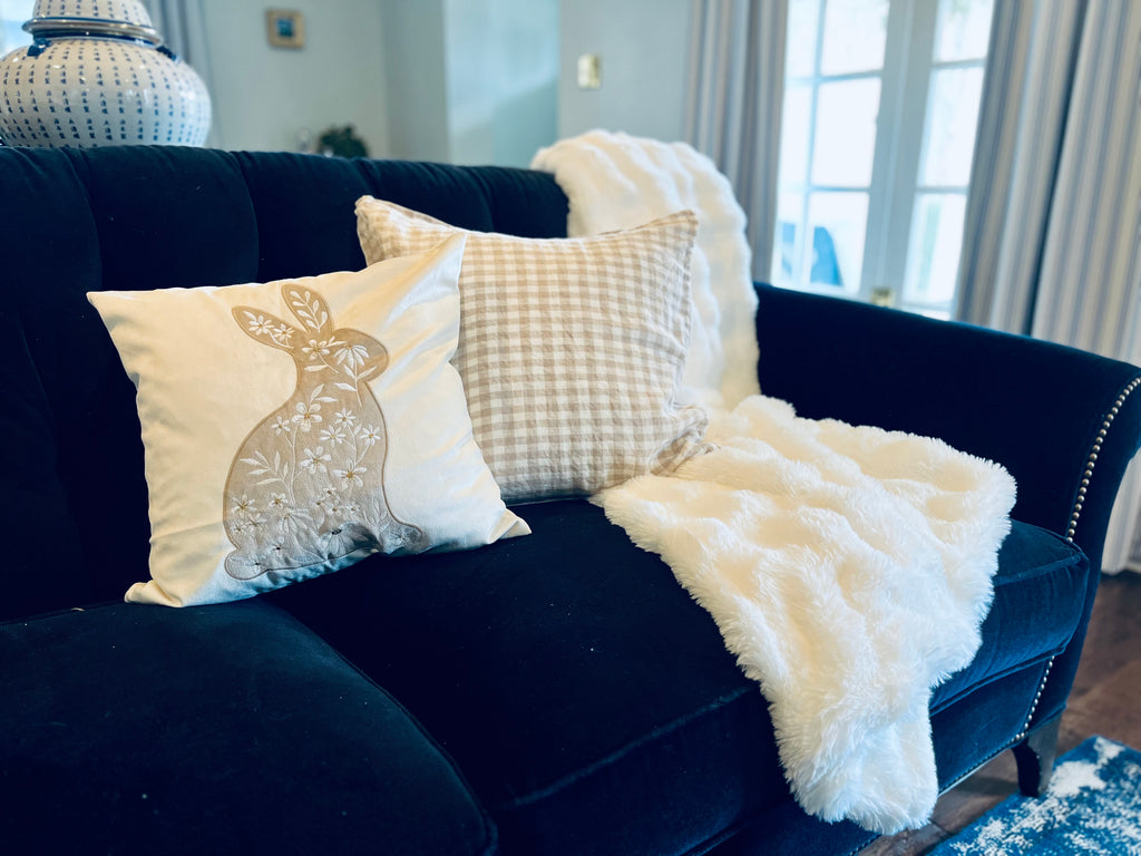 Embroidered Hazelnut Bunny on Warm White Velvet Pillow