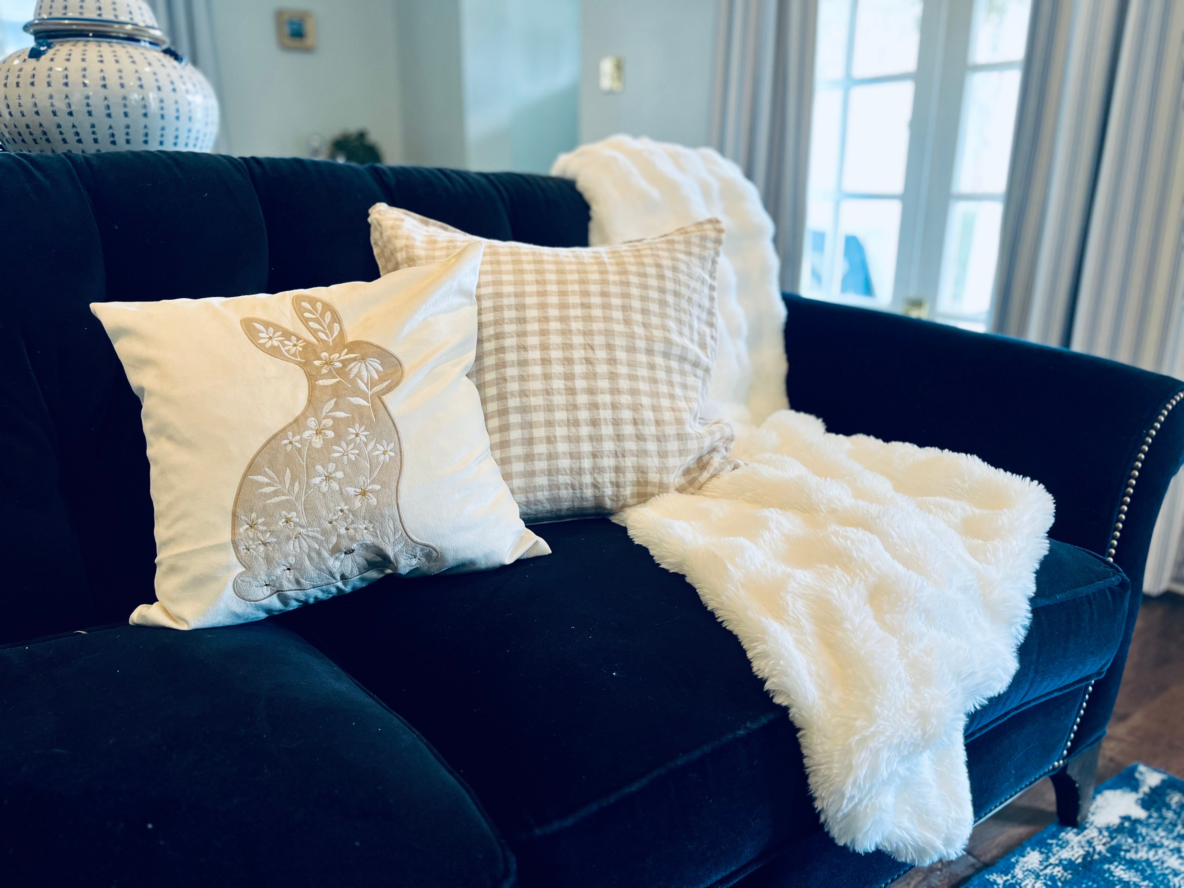 Embroidered Hazelnut Bunny on Warm White Velvet Pillow