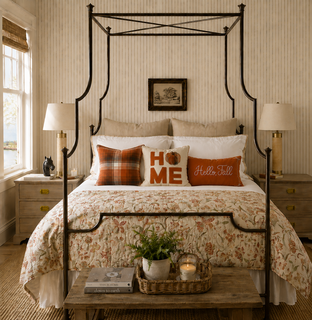 "Hello, Fall" Embroidered Throw Pillow - Rust Orange with Ivory
