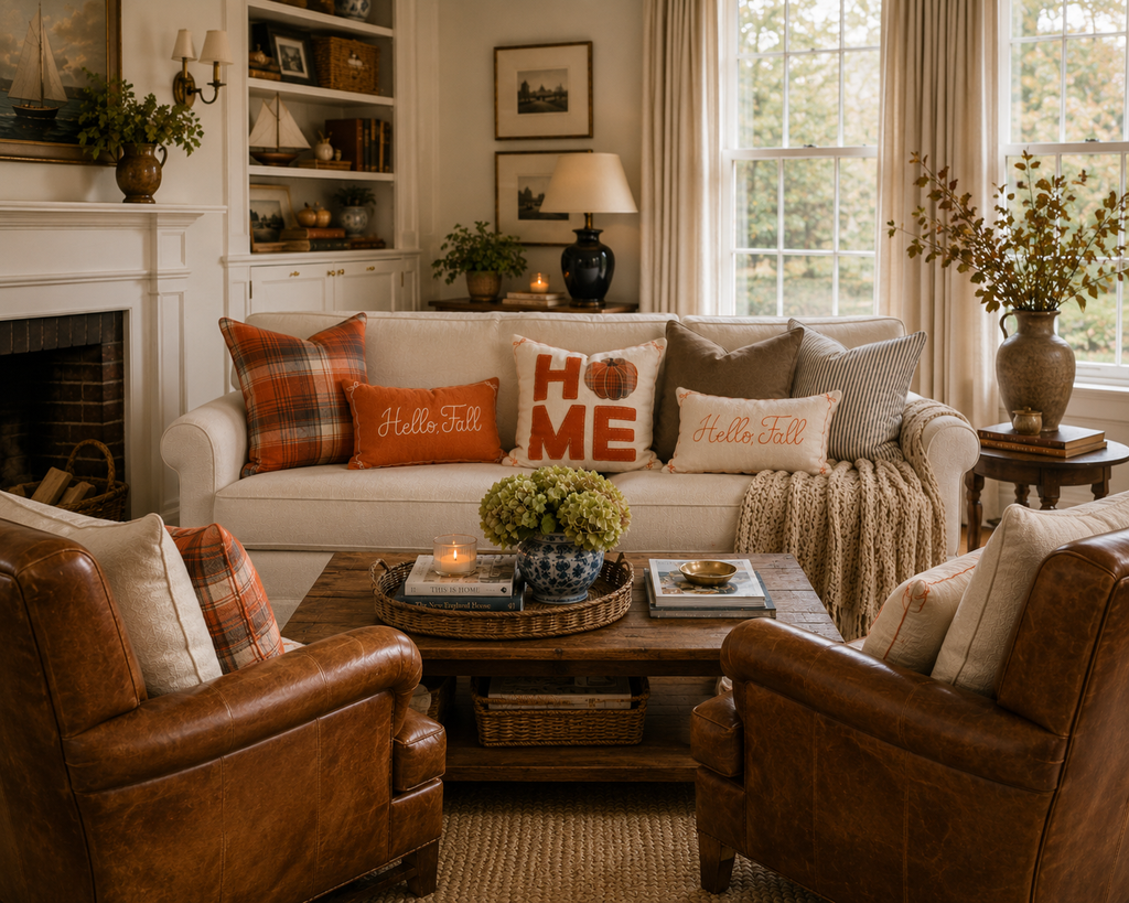 Fall HOME Throw Pillow - Natural with Rust Orange Plaid